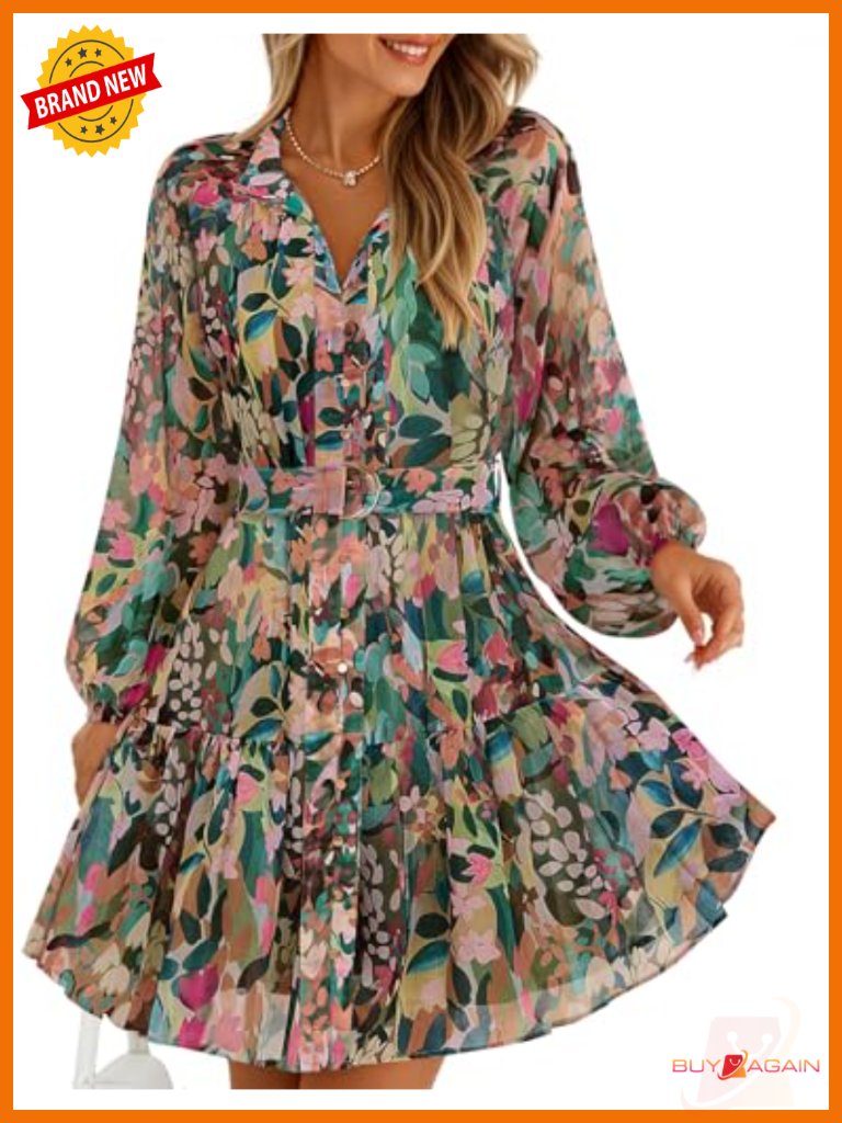 Long Sleeve Floral Chiffon Mini Dress Button Front A-Line Swing Party Dress